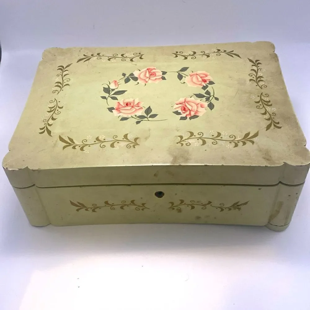 Rare 1940s Antique Lacquerware Pink Floral Mint Green Tokiwa Musical Jewelry Box